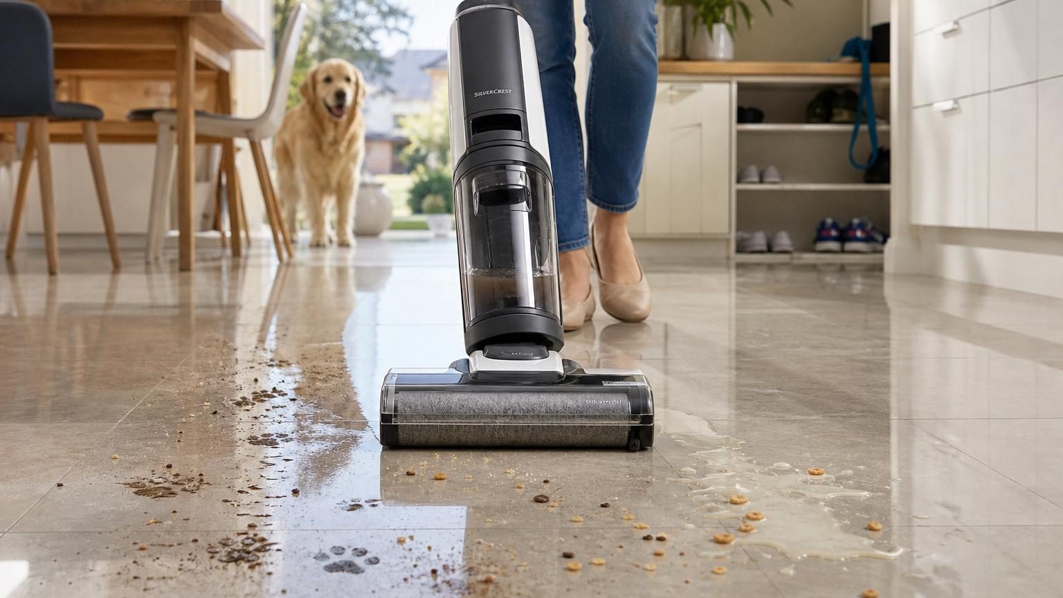 Un nettoyeur laveur Silvercrest sur un carrelage de cuisine, en train d'aspirer et laver simultanément après des miettes de petit-déjeuner.