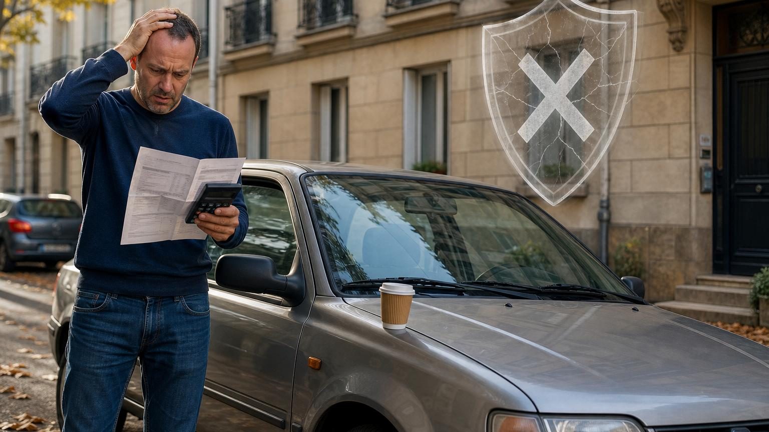 Vue rapprochée d'un avis d'échéance d'assurance automobile avec des lignes détaillées de garanties et de montants à payer, symbolisant l'examen minutieux des conditions d'un contrat.