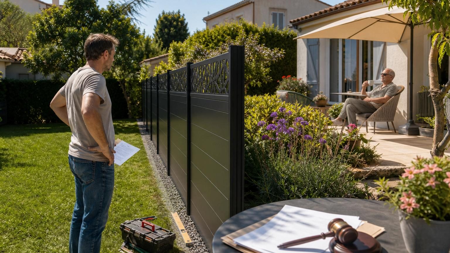 Deux jardins séparés par une clôture grise rigide en bon état, installée entre deux propriétés voisines d'un lotissement résidentiel.