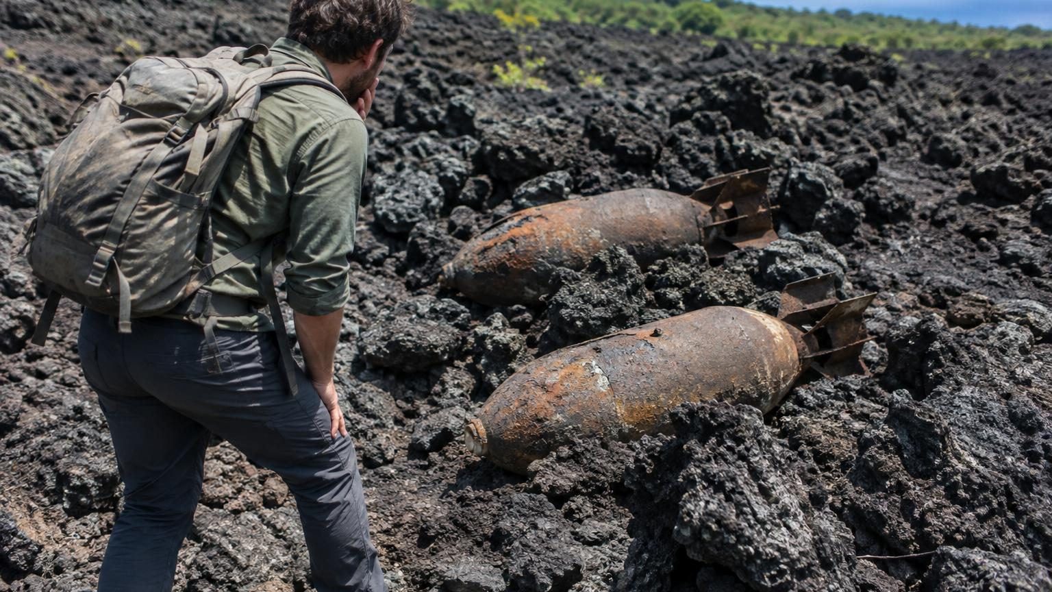Deux cylindres métalliques rouillés à moitié enfouis dans une roche volcanique sombre et figée