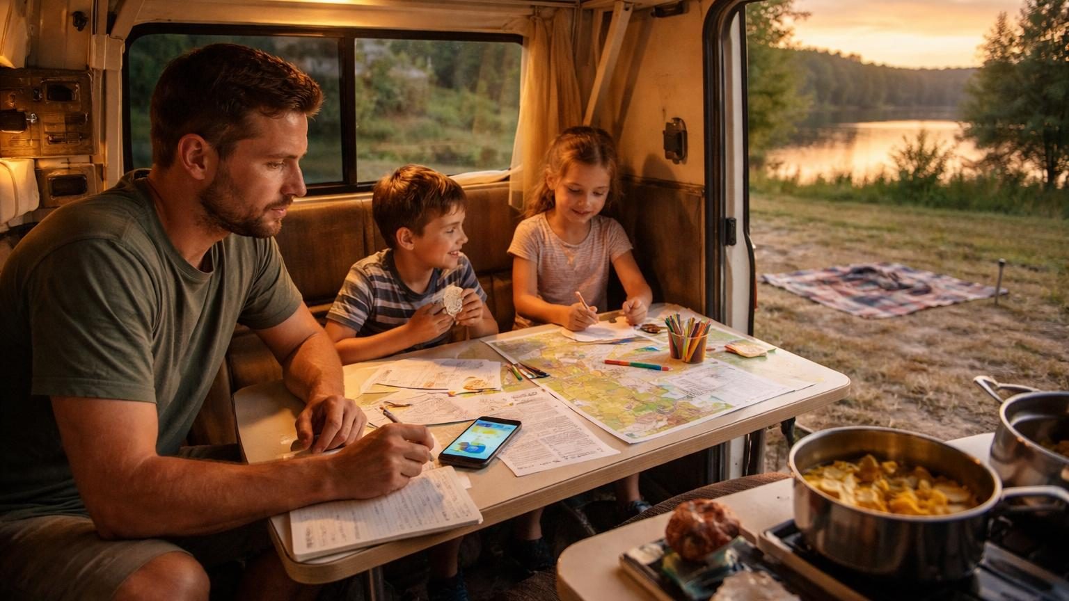 Intérieur d'un camping-car avec deux enfants jouant aux cartes sur la banquette, restes de pâtes sur une petite table et paysage visible par la fenêtre