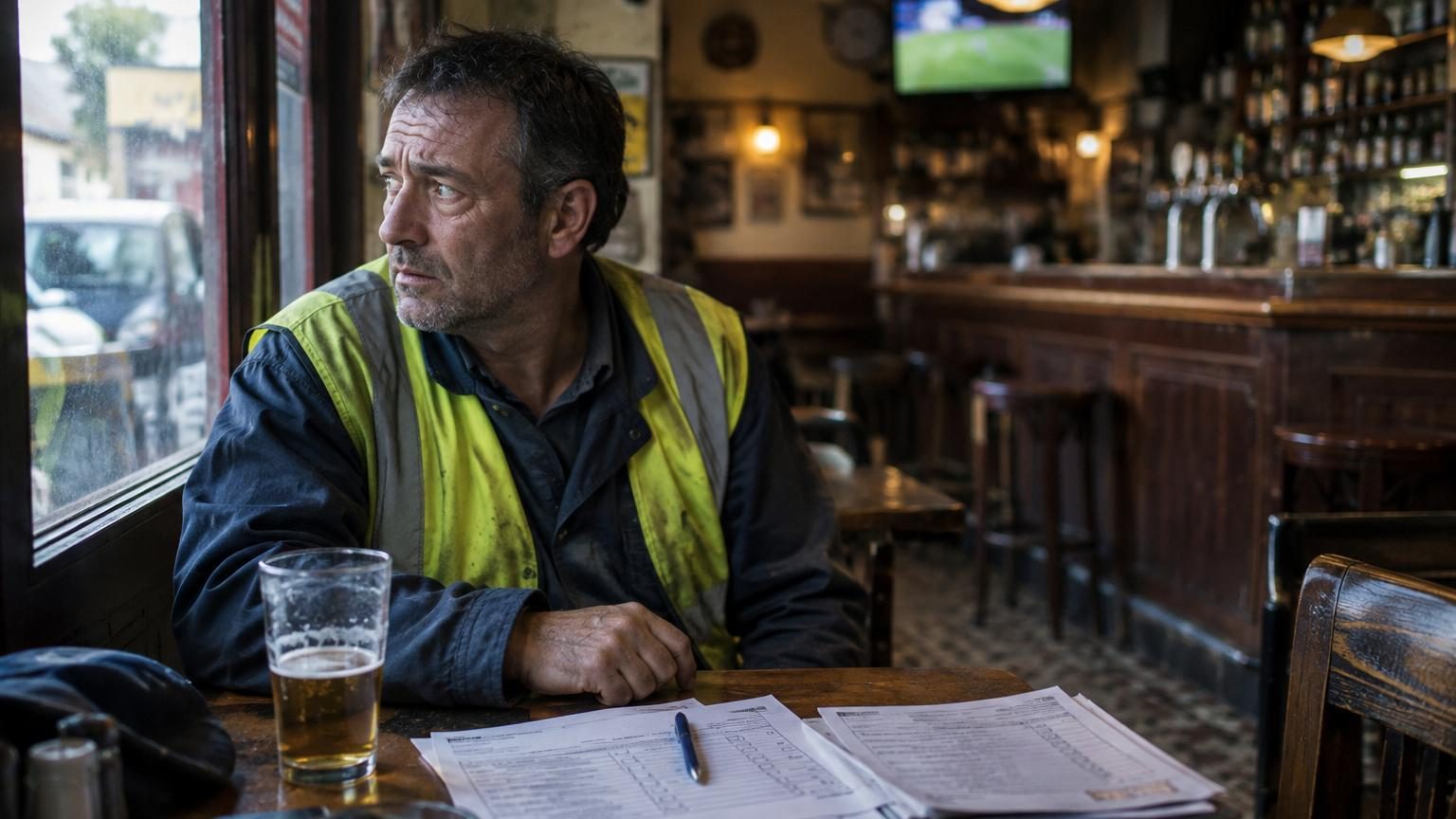 Un homme en costume assis face à des juges, le regard baissé et l'air préoccupé, avec un dossier épais et des preuves sur la table devant lui.
