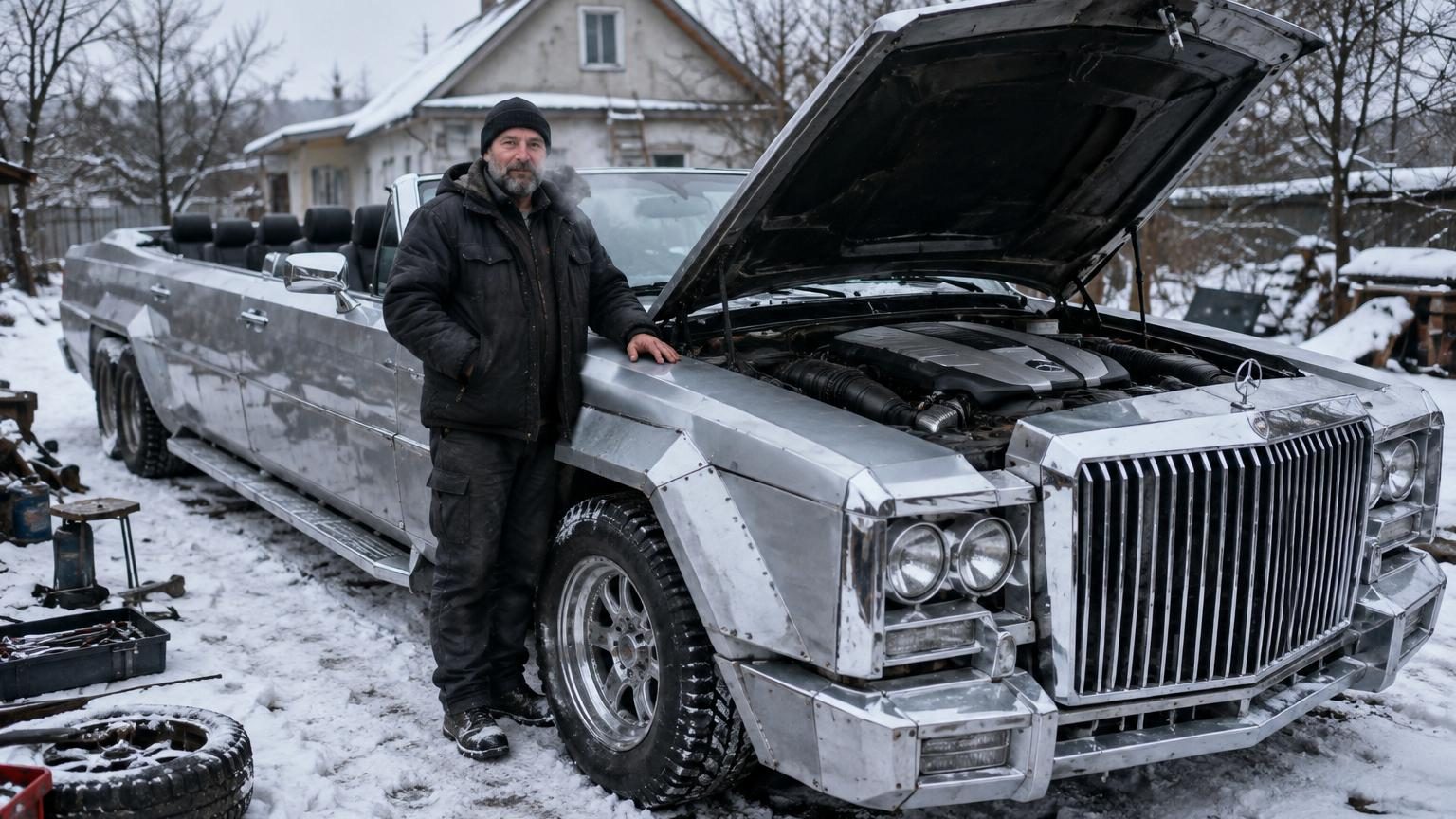 Il passe quatre ans dans son jardin à assembler des pièces détachées : le résultat est un cabriolet de 5 mètres avec un moteur Mercedes