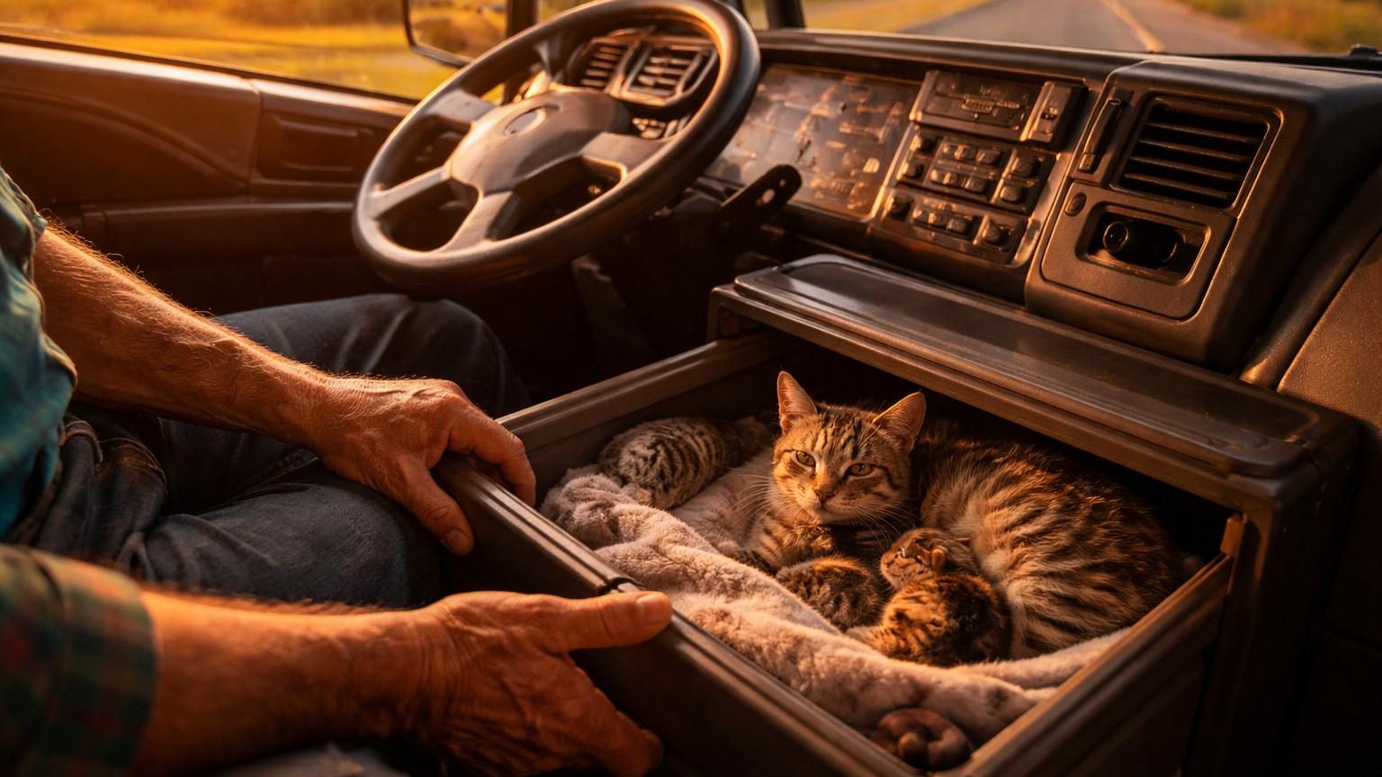 Un tiroir de cabine de camion ouvert, révélant une chatte allongée et allaitant cinq chatons, confortablement installés dans un espace tapissé et douillet.