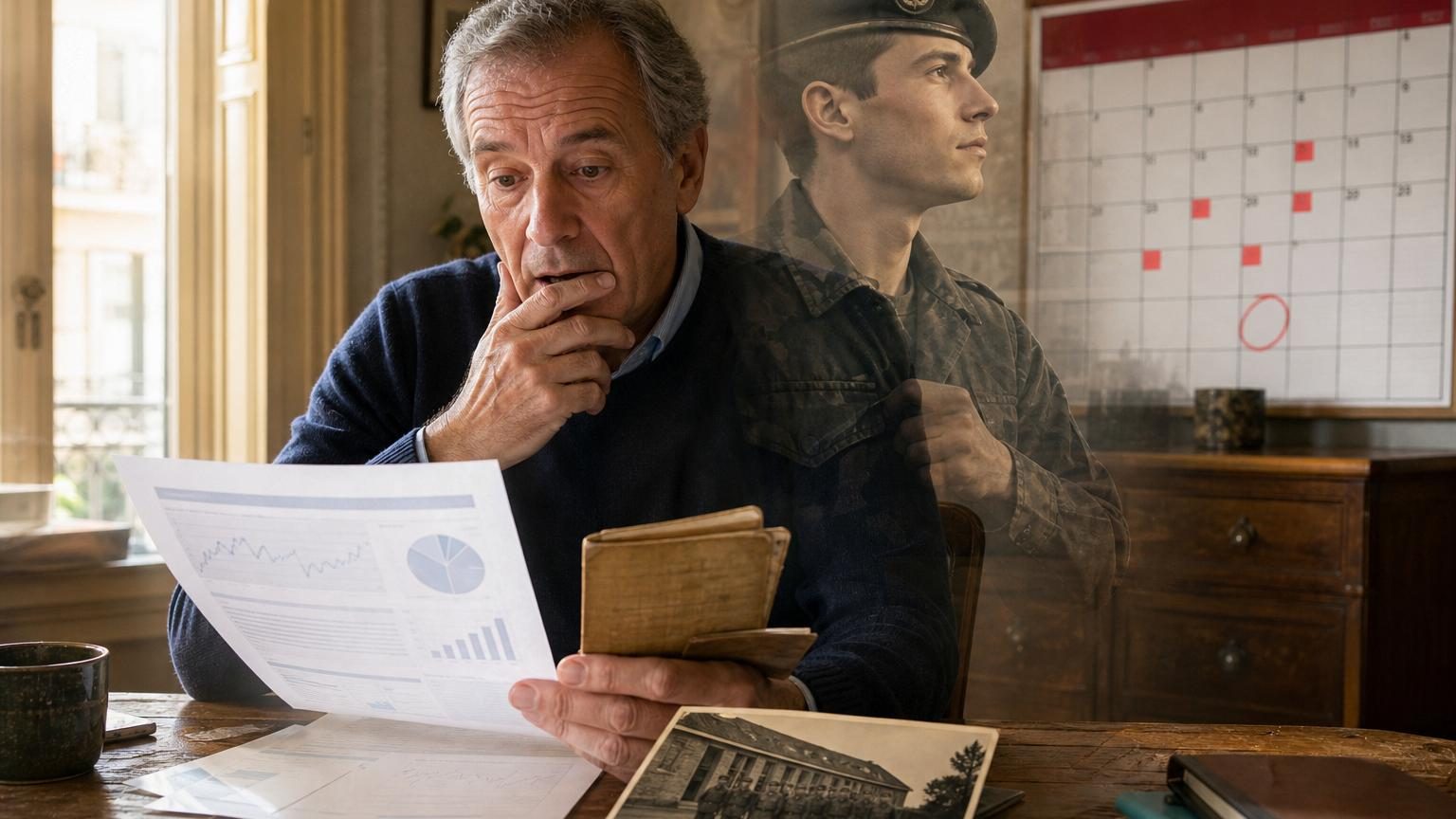 Un homme d'âge mûr consulte des documents administratifs et militaires jaunes ou vieillis, symbolisant la recherche de preuves d'un service national oublié pour corriger son dossier de retraite.