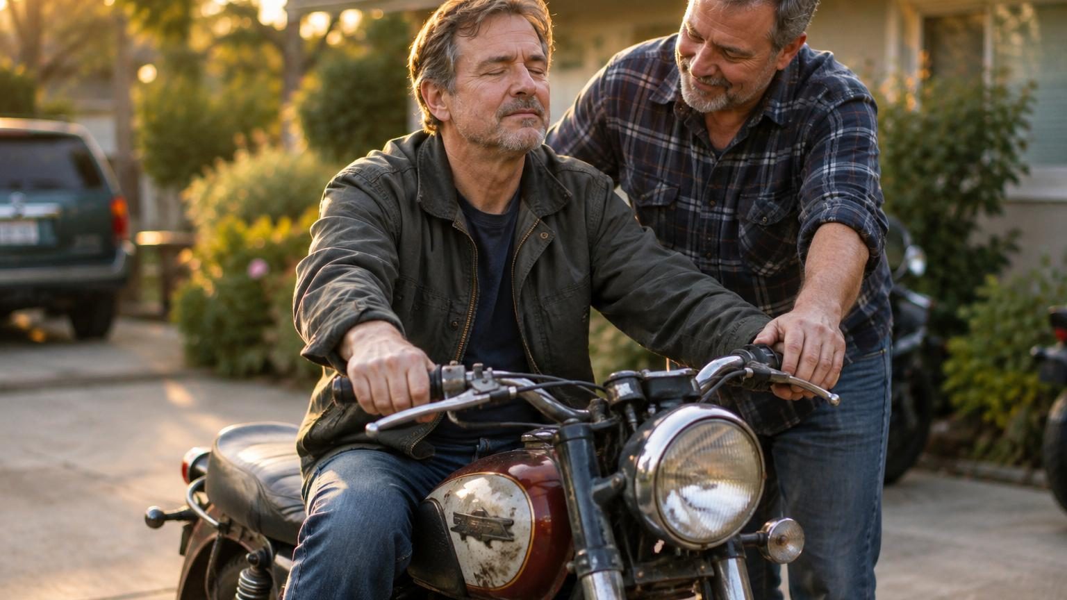 Mark Lewis, motard britannique aveugle, assis sur sa Kawasaki Z 1000 J restaurée, retrouvant les sensations de pilotage après dix ans.