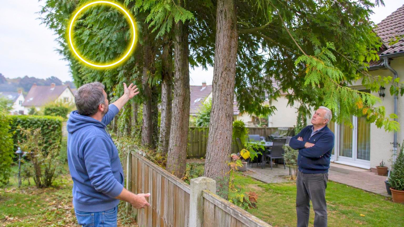 Jardin aux arbres matures formant une dense canopée verte, avec une clôture visible et l'ombre projetée sur la terrasse d'une maison voisine.