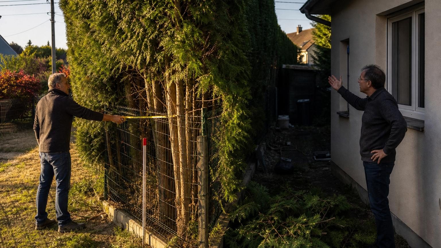 Deux maisons mitoyennes séparées par une haute haie de thuyas dense et verte, avec d'un côté une terrasse ombragée et de l'autre une clôture