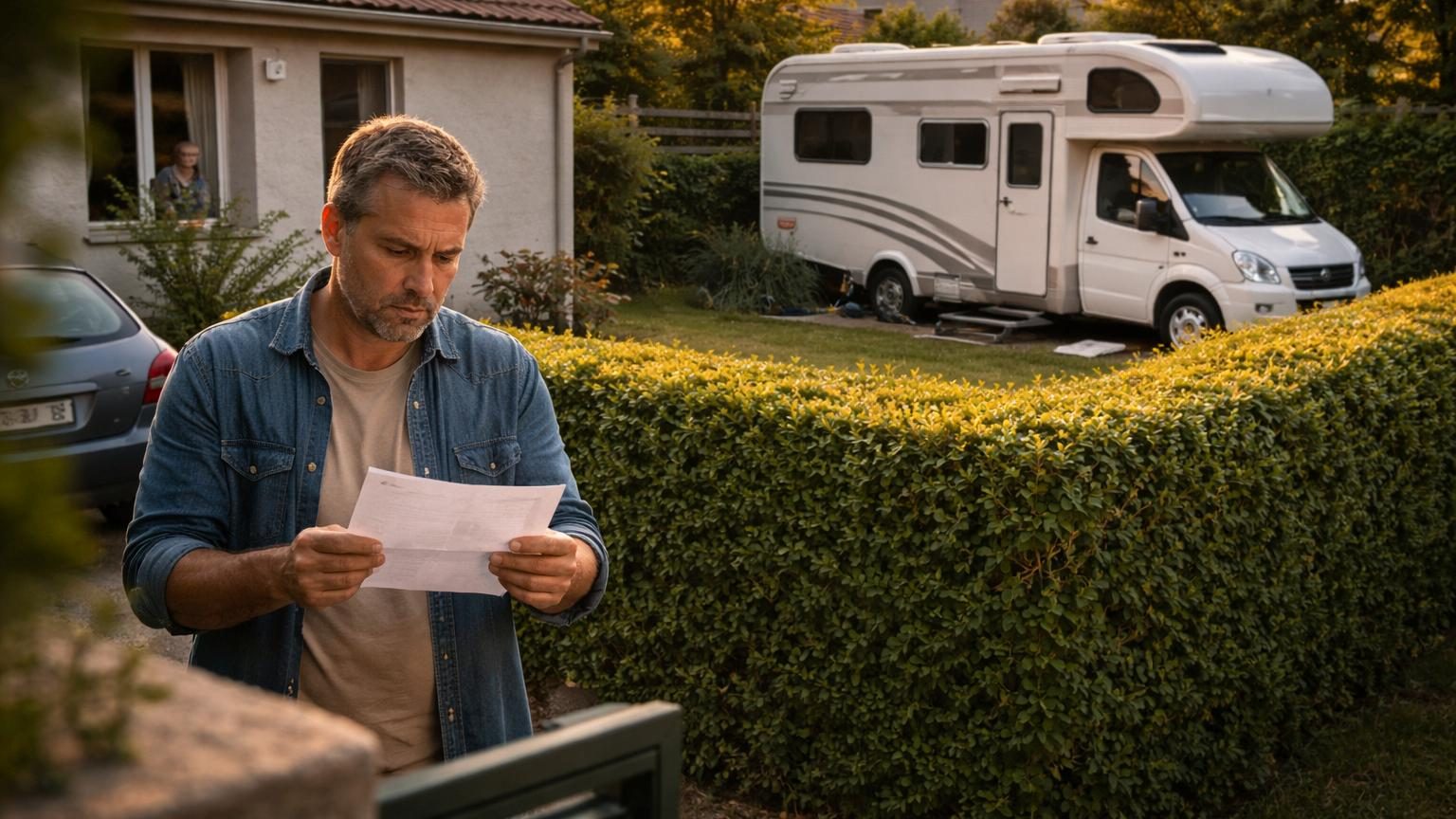 Camping-car blanc partiellement caché derrière une haie dense et entretenue dans un jardin de lotissement résidentiel