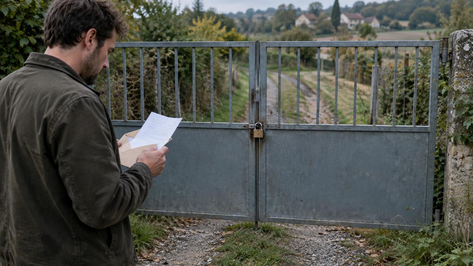 Un portail métallique à deux battants fermé sur un chemin rural de terre, avec un cadenas, illustrant la barrière créée par Julien sans concertation préalable.