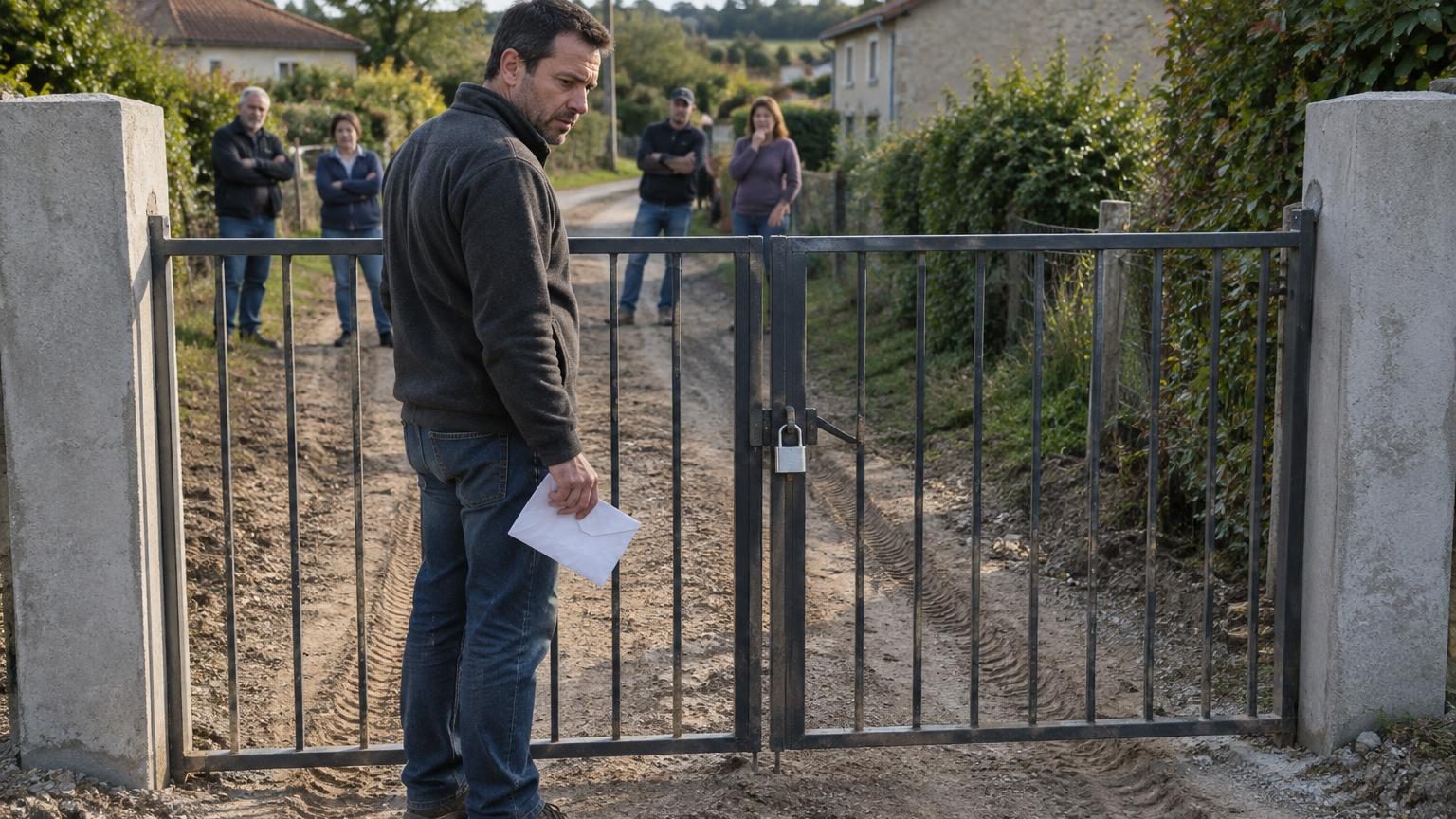 Portail fermé avec cadenas sur un chemin en terre rural, voisins observant en arrière-plan, tension silencieuse dans le village