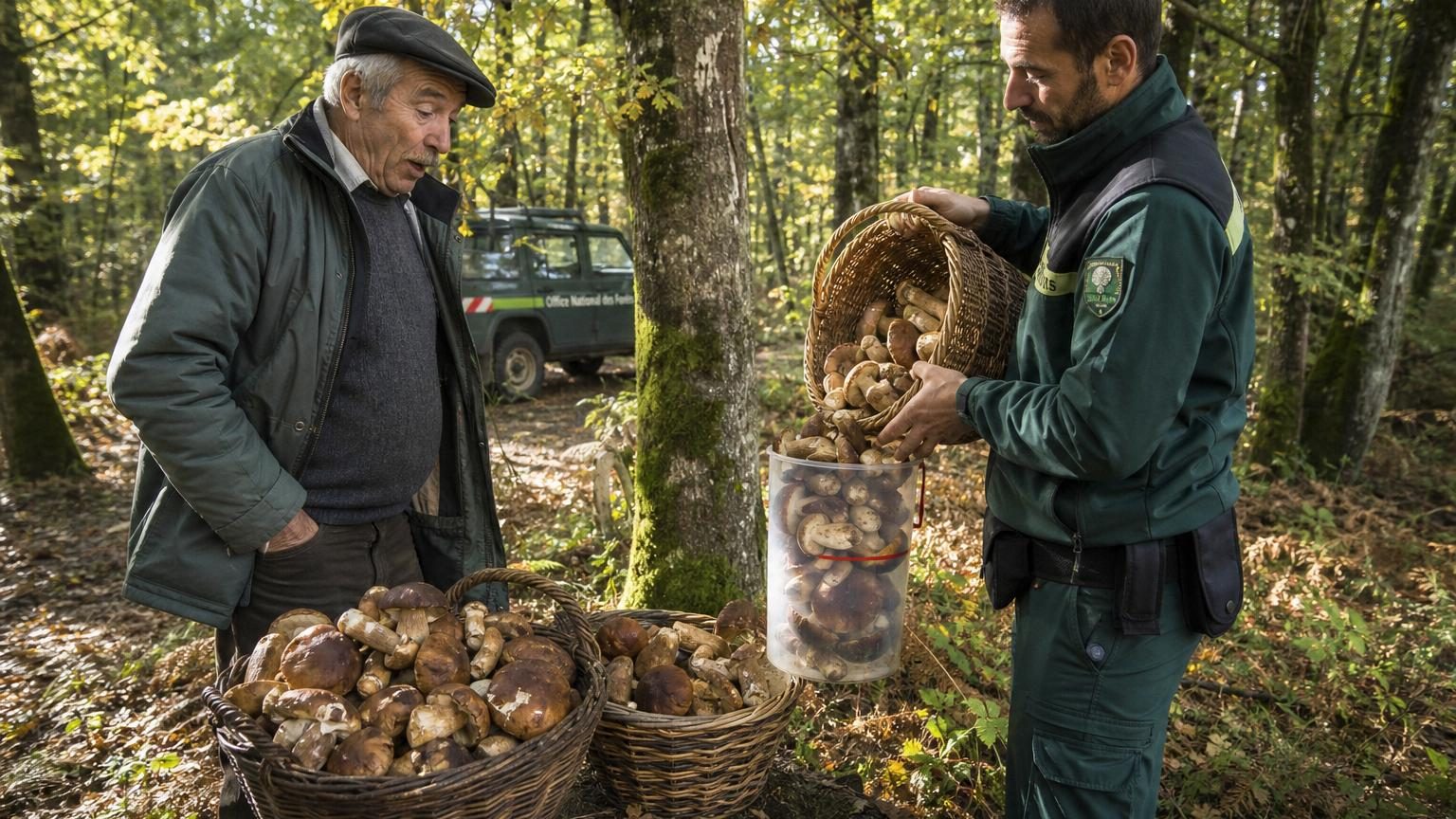 Un homme aux cheveux gris examine des cèpes bruns dans un panier en osier, assis dans un sous-bois humide parsemé de mousse et de fougères.