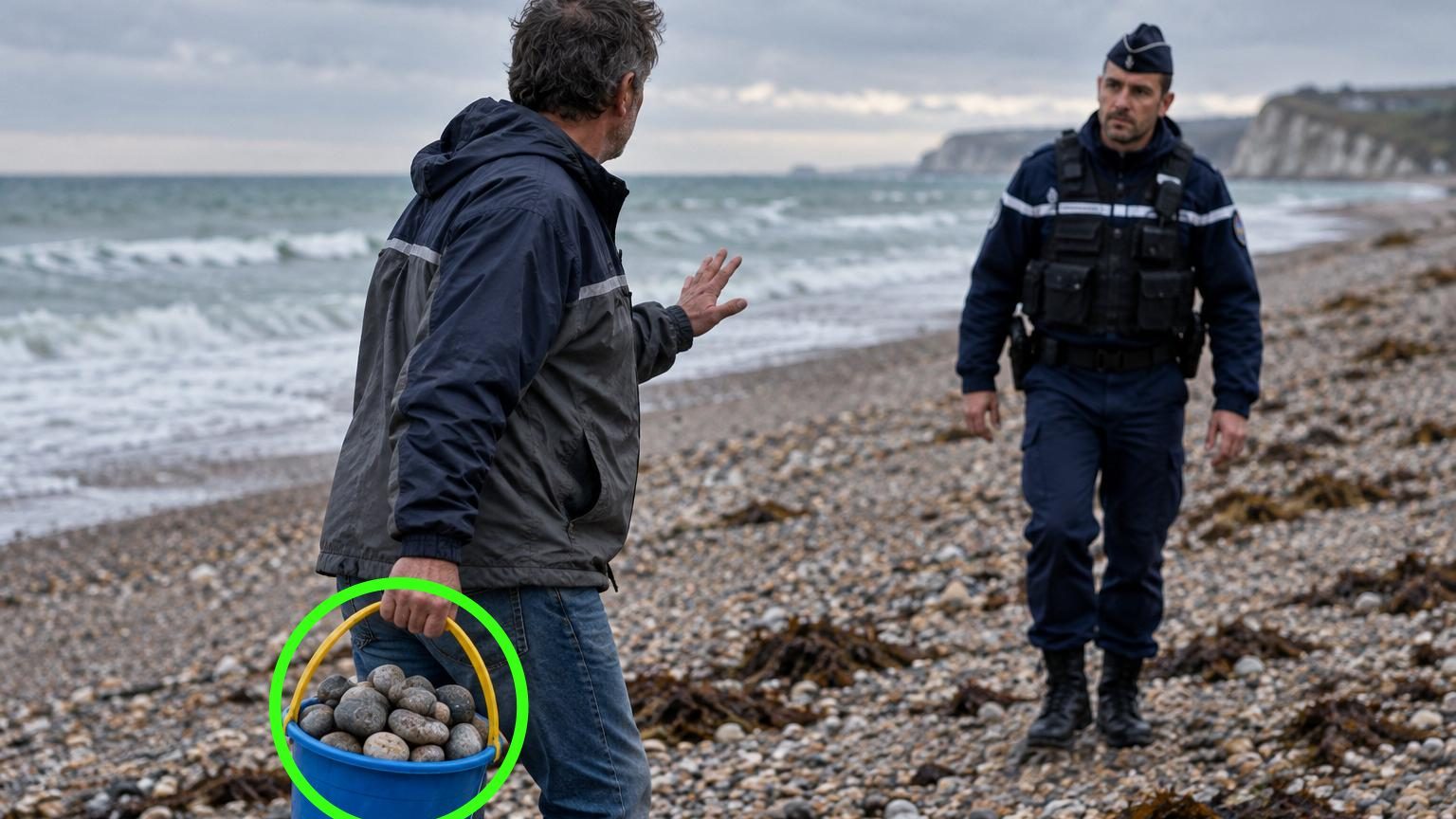 Un seau rempli de galets lisses et colorés posé sur une plage de galets gris, avec la mer et les vagues en arrière-plan.