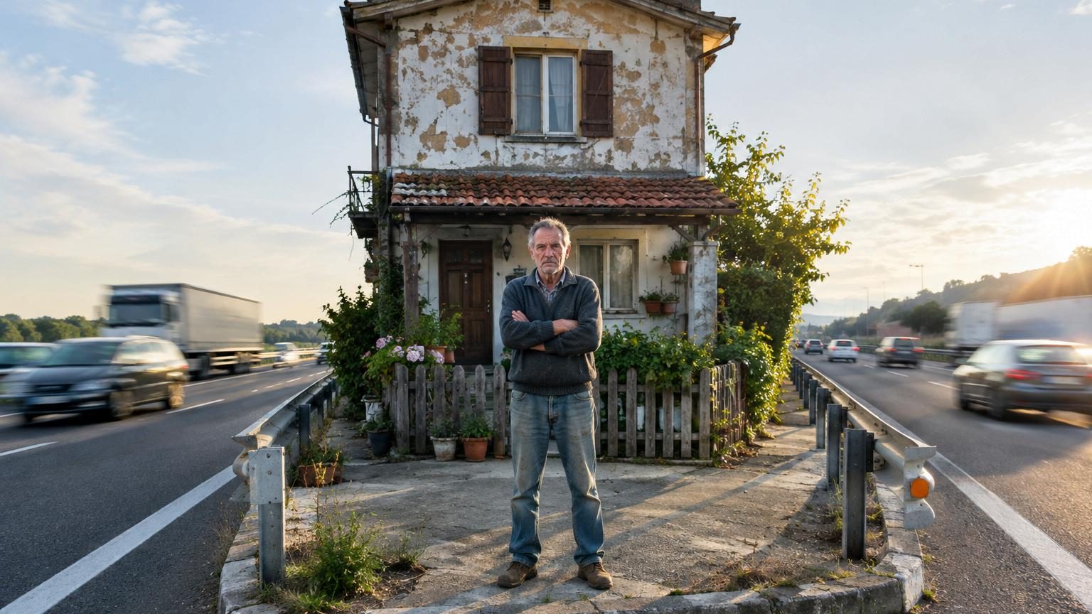 Une maison de deux étages isolée au milieu d'une autoroute en construction, entourée de voies de circulation et de glissières de sécurité, avec le toit arrivant au niveau de la chaussée.