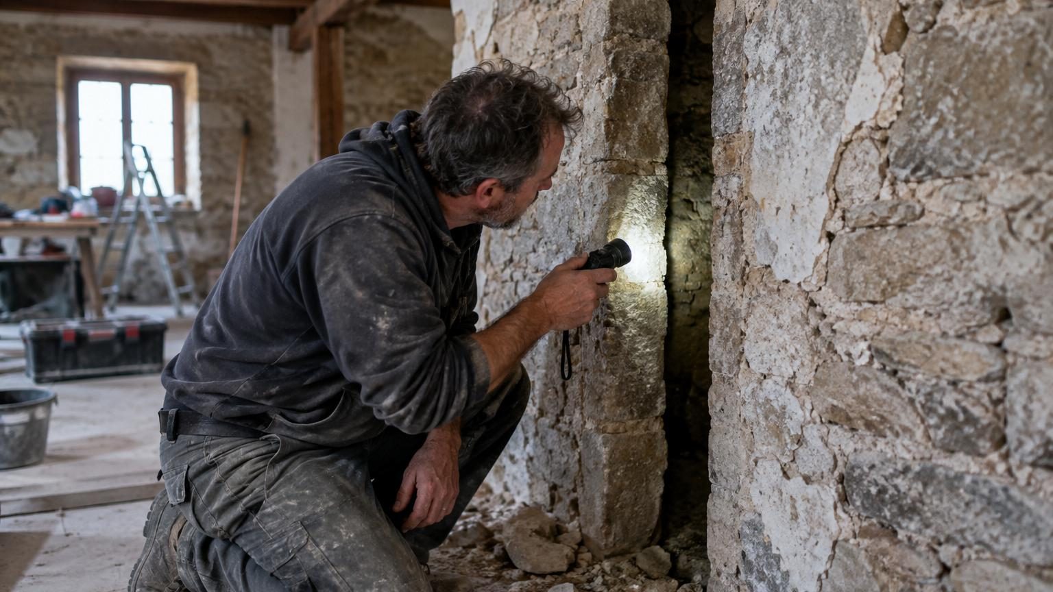 Il rénove la plus vieille maison du village, construite en 1599 : derrière le mur se cachait une pièce secrète de 80 centimètres