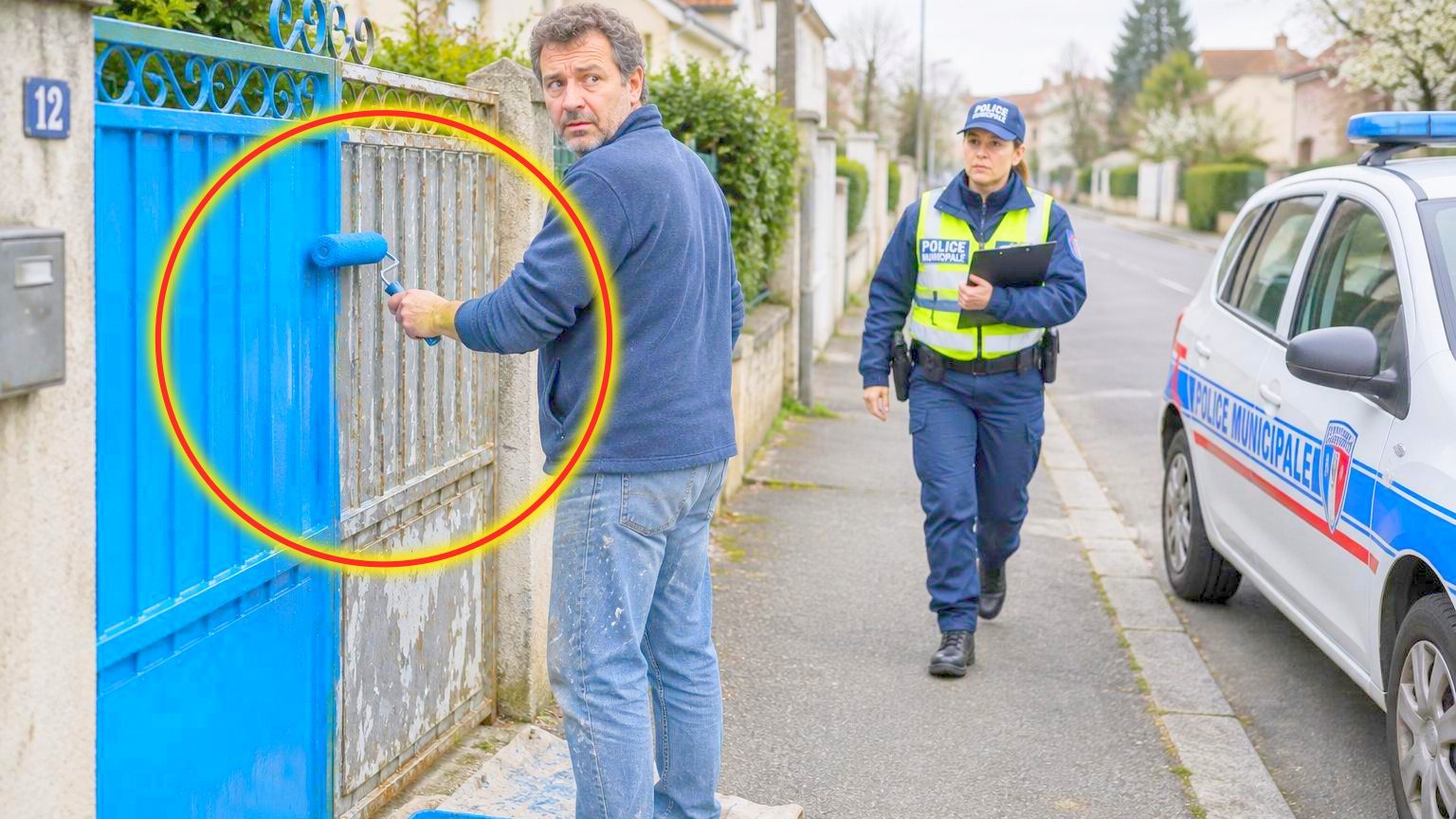 Un portail fraîchement peint en couleur vive dans un environnement urbain avec maisons aux façades neutres, illustrant les enjeux de conformité aux règles d'urbanisme