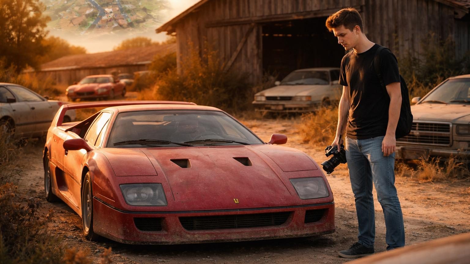 Deux Pontiac Fiero déguisées en Ferrari F40 rouge dans des garages espagnols : l'une dans une grange remplie de voitures anciennes, l'autre proposée à la vente pour 35 000 dollars.