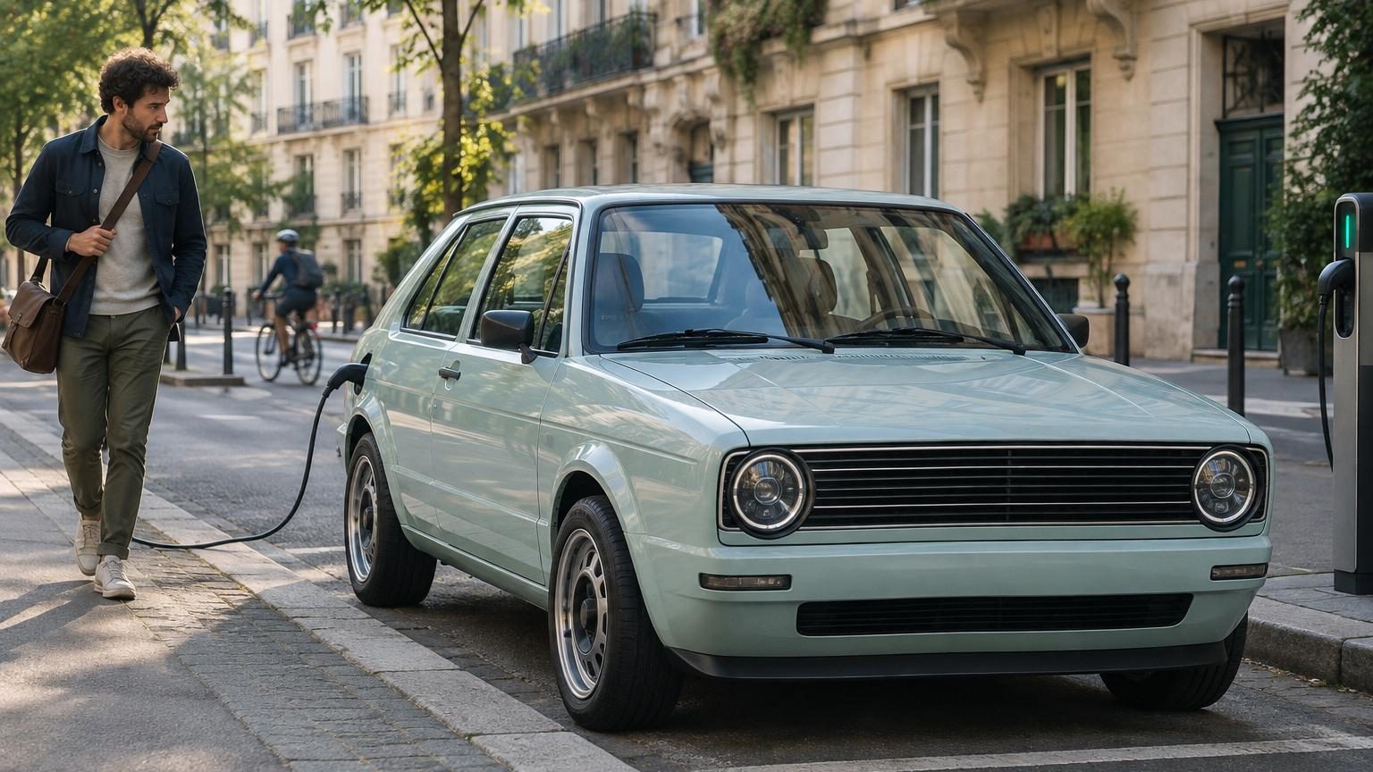 SUV électrique compact Rivian R3 aux lignes épurées et rétro, inspiré par la Volkswagen Golf 1, présenté en vue de trois-quarts.