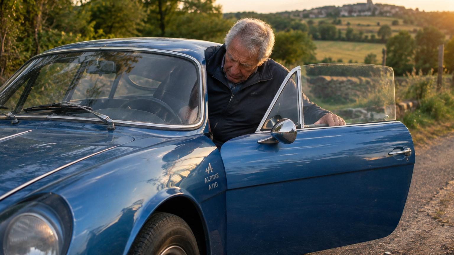 Roger Lambin posant auprès de son Alpine A110 Berlinette de 1971, une sportive bleue aux lignes basses caractéristiques, photographiée dans son garage à Genillé.
