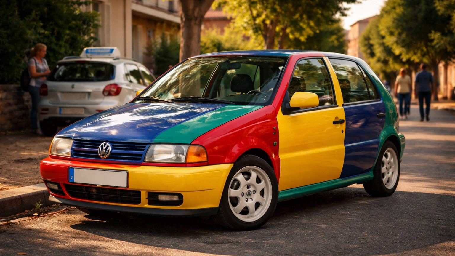 Volkswagen Polo Arlequin multicolore avec carrosserie rouge, jaune, bleue et verte, aux éléments volontairement dépareillés, garée dans un cadre régional.