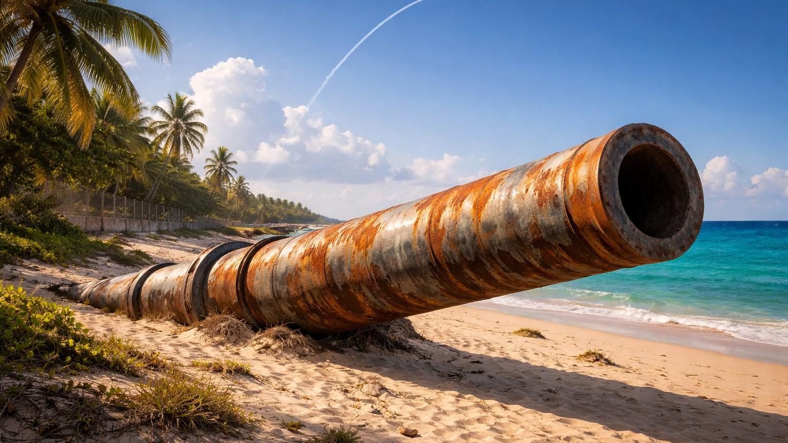 Un gigantesque canon d'acier de 36 mètres allongé dans le sable d'une plage, rongé par la rouille et le sel, vestige du projet HARP de la Barbade.
