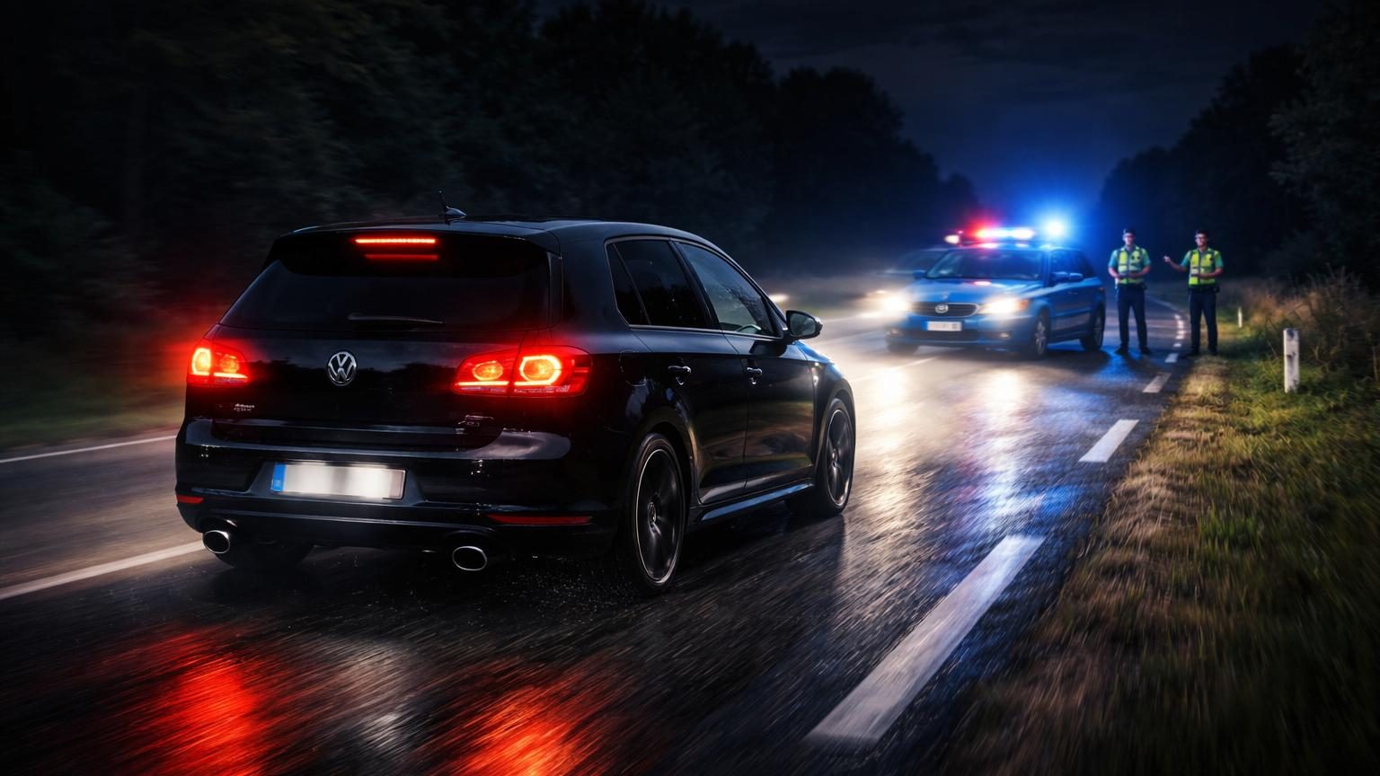 Une Volkswagen Golf GTI noire, voiture sportive, interceptée de nuit sur une route départementale éclairée par les gyrophares d'une gendarmerie.