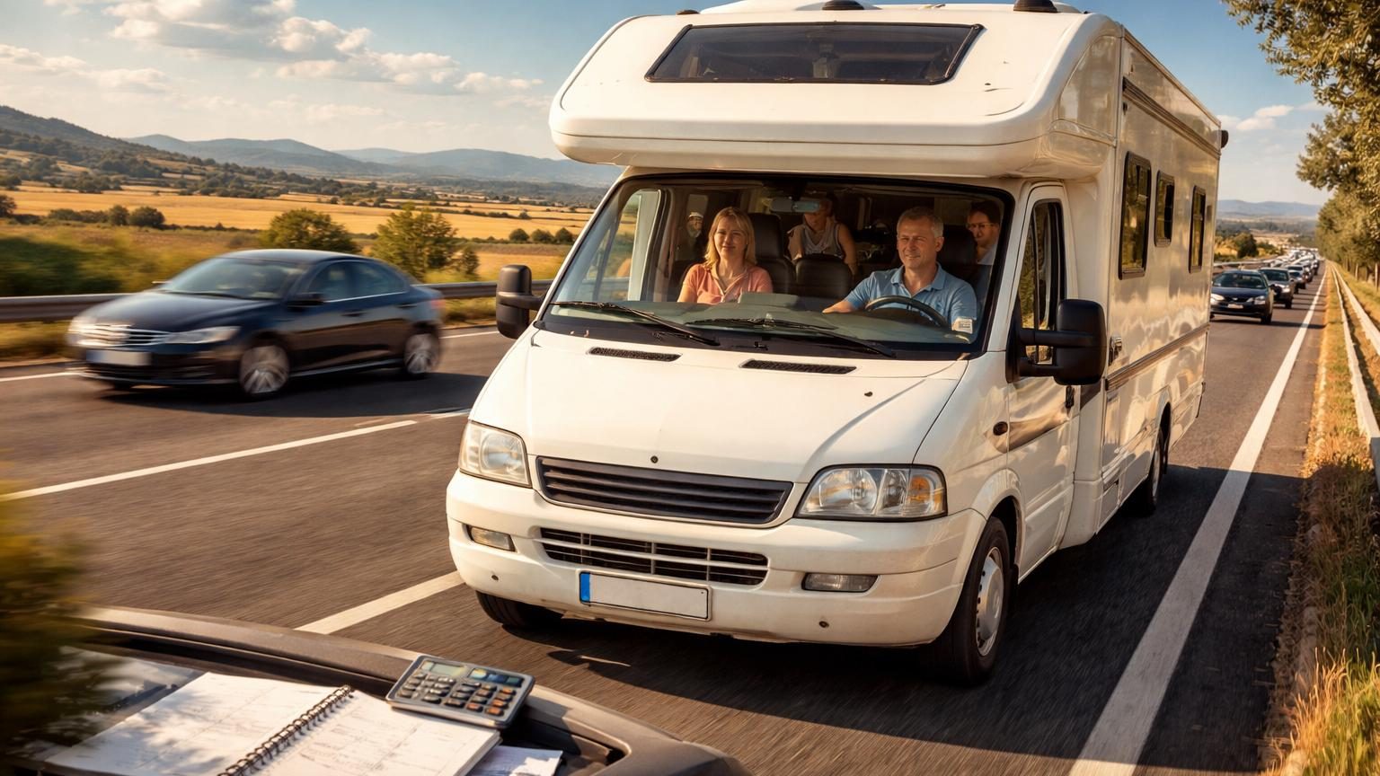 Camping-car sur une autoroute déserte, conducteur regardant son compteur de vitesse affichant 90 km/h, paysage de route droite.