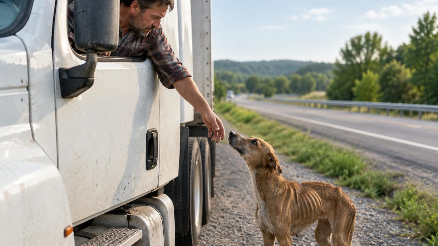 Un chien maigre et épuisé grimpe à la fenêtre d'un camion pour solliciter l'aide d'un routier en bord d'autoroute au Missouri.