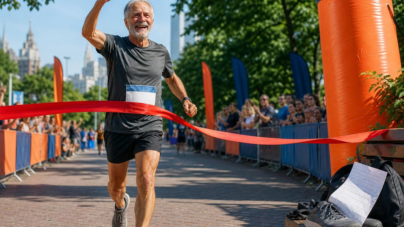 Homme d'environ 65 ans en tenue de course légère, souriant à l'arrivée d'une course, jambes légèrement fatiguées mais expression de fierté et de détermination après trois années de progression régulière.