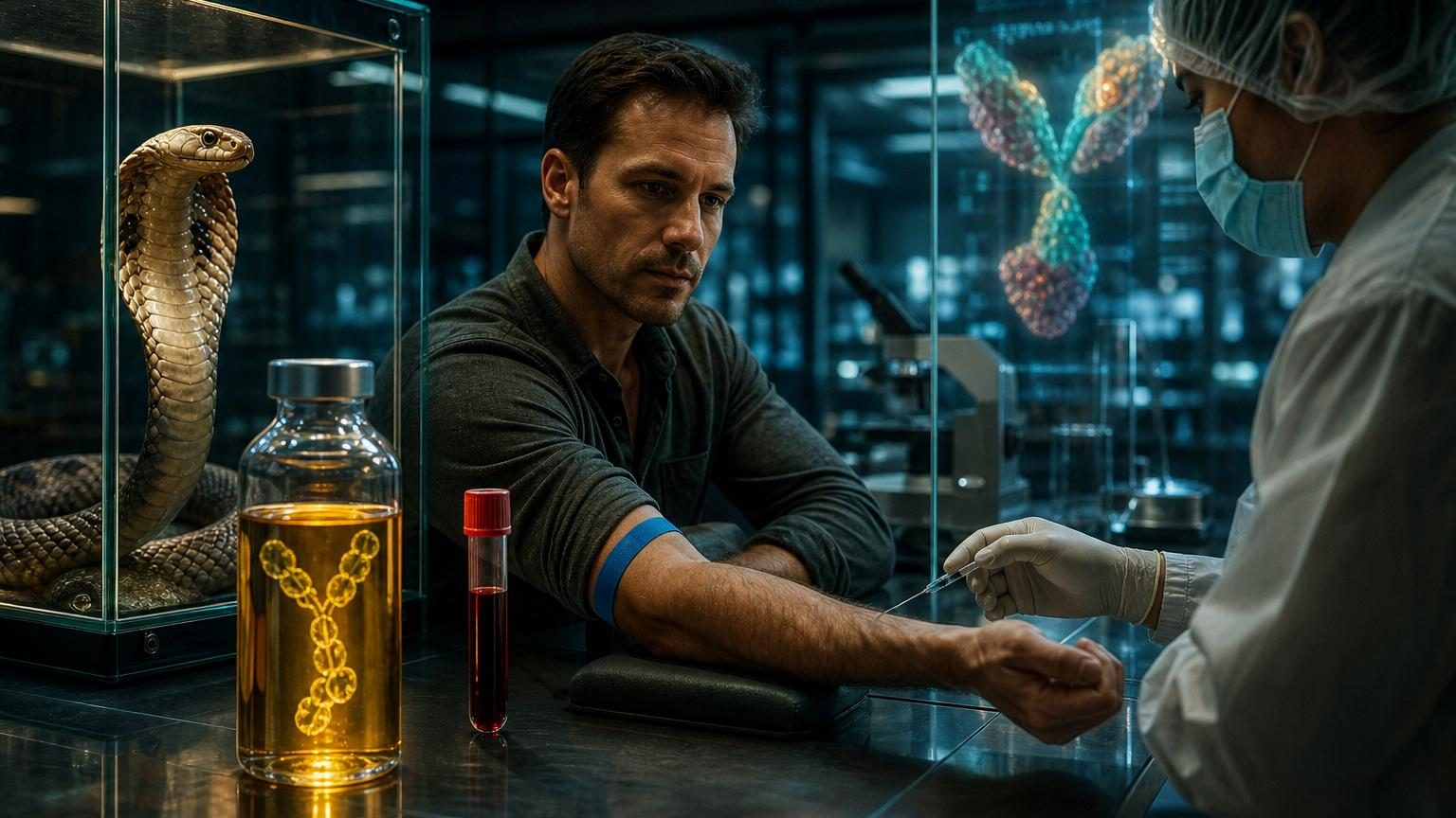 Un homme tend son bras dans un laboratoire américain pour une prise de sang, illustration du cas unique de Tim Friede qui s'est volontairement exposé à du venin de serpent.