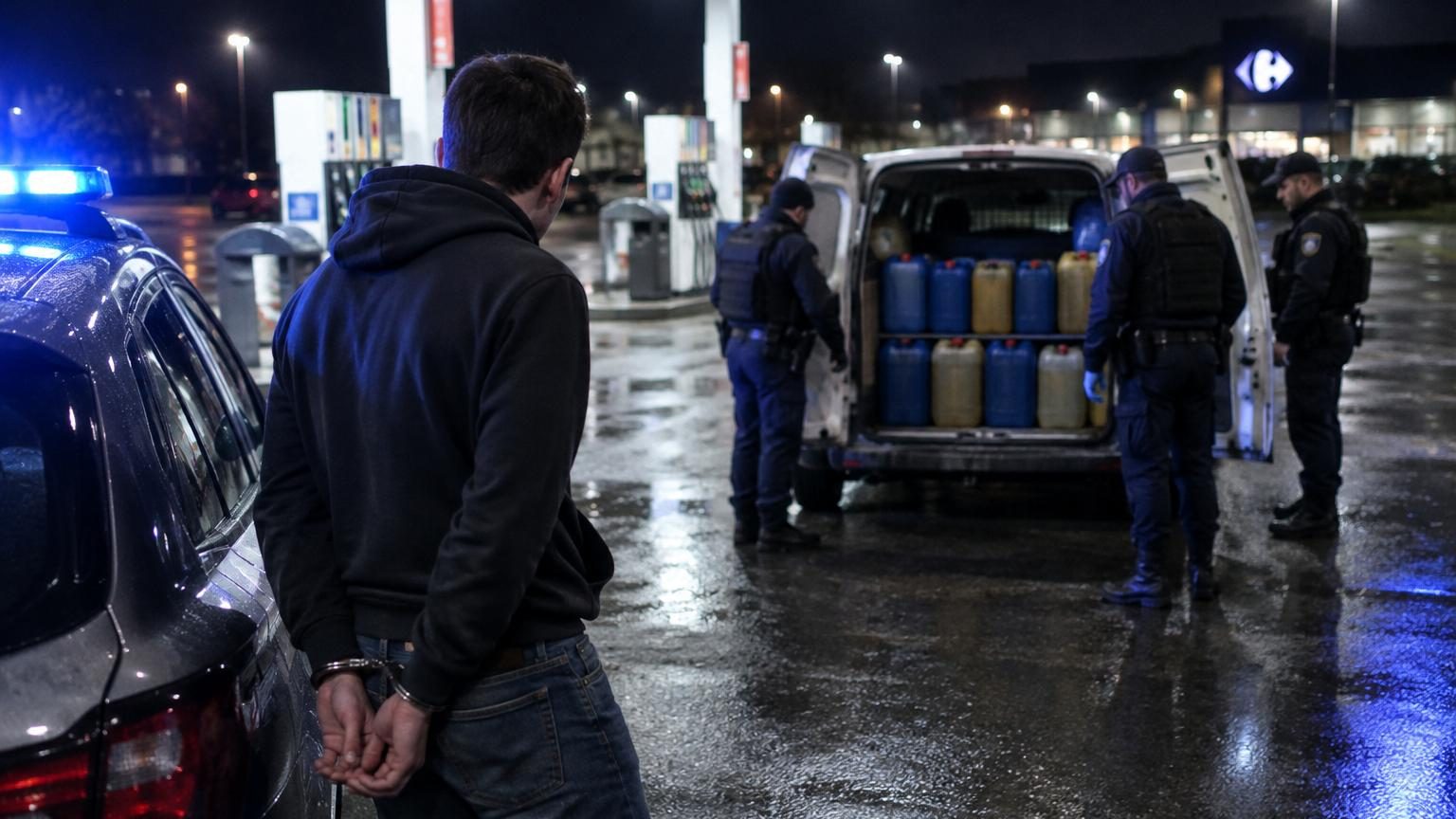 Une pompe à essence de station-service avec, en arrière-plan, des bidons de carburant entreposés illégalement.