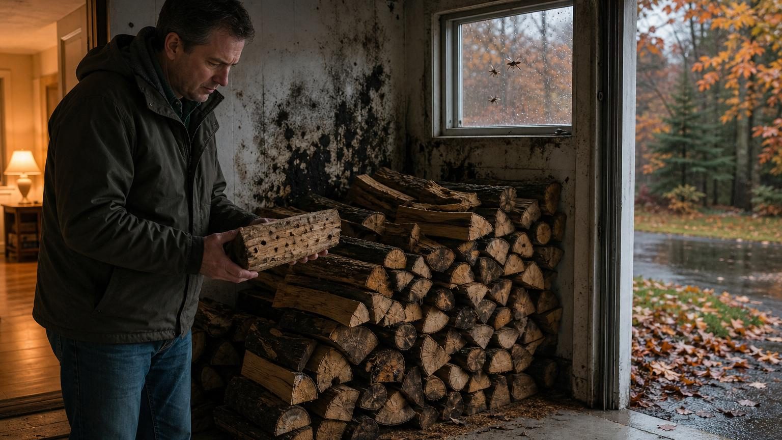 Un garage avec un grand tas de bûches empilées contre un mur, de petites traces d'humidité visibles, et une fenêtre partiellement embuée en arrière-plan.