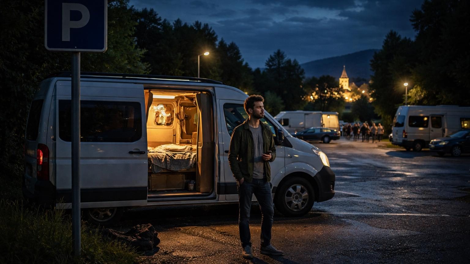 Un van aménagé garé sur une aire de stationnement gratuite la nuit, entouré d'autres véhicules, sous un ciel sombre avec des lampadaires éclairant le parking.