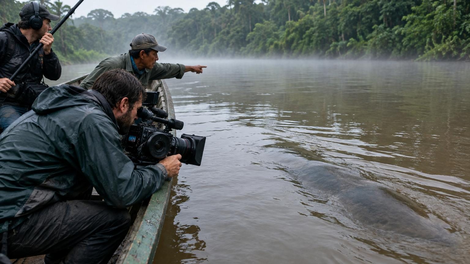 Silhouette sombre d'une créature massive se déplaçant sous la surface d'une rivière amazoniienne, vue depuis une pirogue avec Will Smith et l'équipe de tournage en arrière-plan.