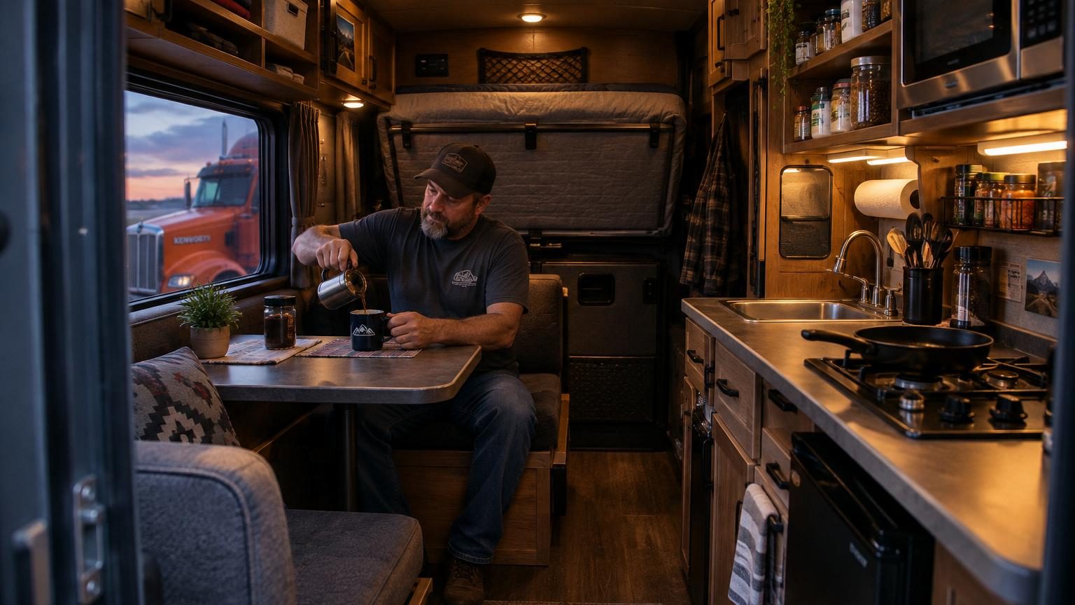 Il transforme la cabine de son camion en mini-maison : cuisine, salle de bains et coin petit-déjeuner à bord