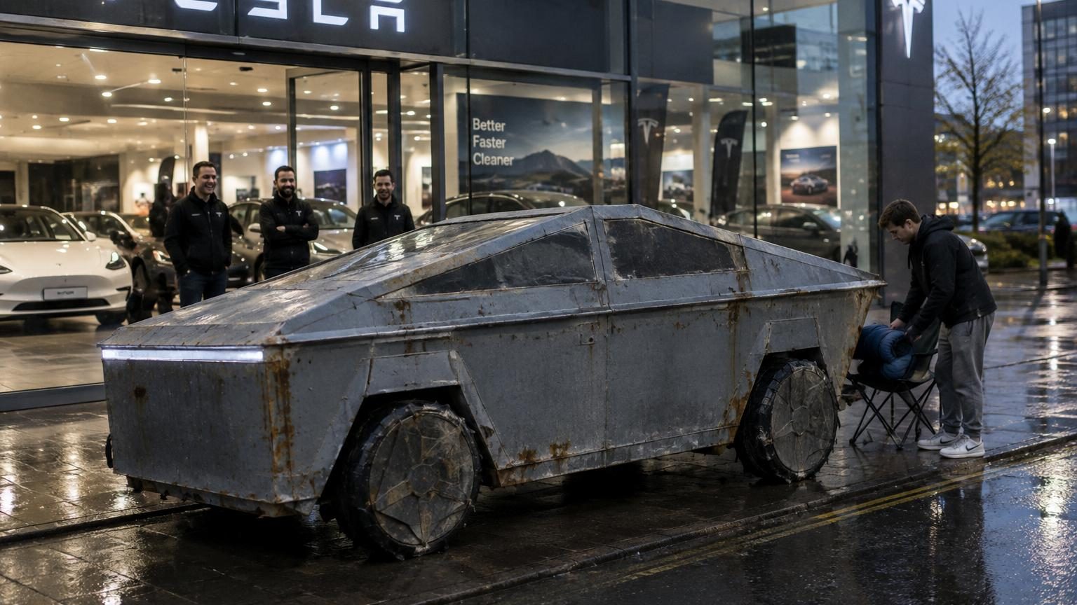 Il transforme une benne à ordures en faux Cybertruck roulant et va camper devant une concession Tesla : la vidéo qui affole YouTube