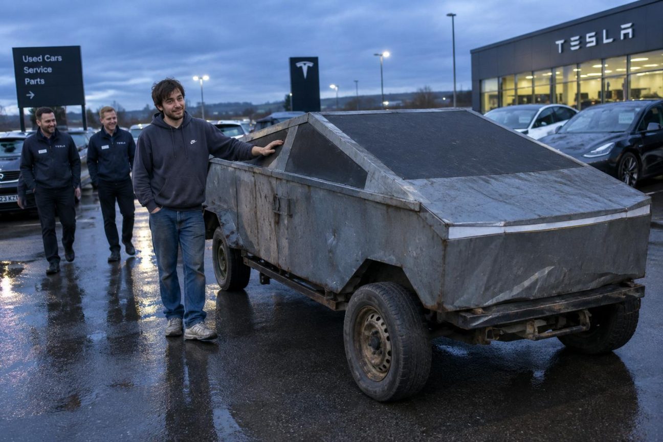 Il transforme une benne à ordures retournée en faux Cybertruck roulant, puis va camper devant une concession Tesla