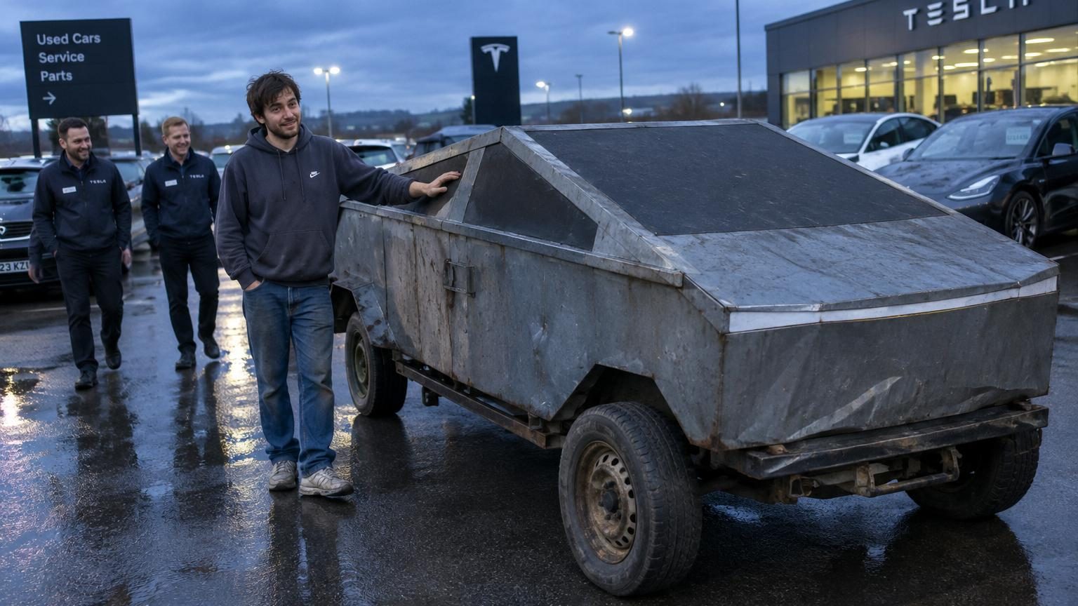 Il transforme une benne à ordures retournée en faux Cybertruck roulant, puis va camper devant une concession Tesla