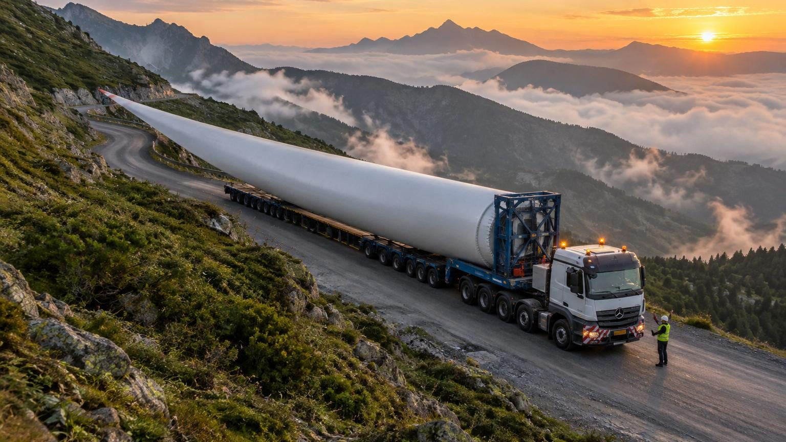 Il transporte une pale d&rsquo;éolienne de 118 mètres en haut d&rsquo;une montagne : les images de la manœuvre impressionnent
