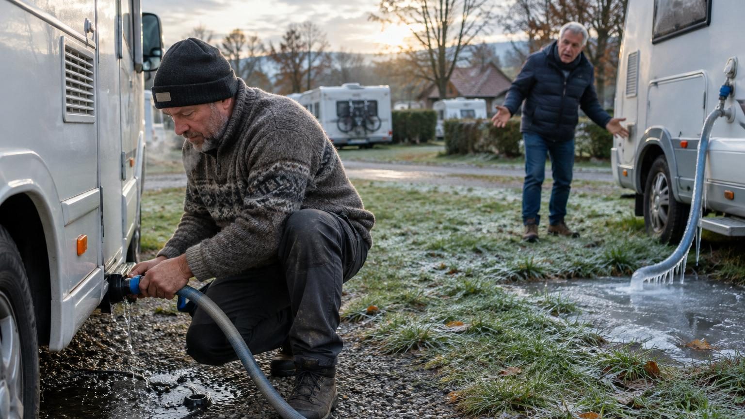 Dimanche de novembre au parking d'un camping-car ; Marc vidange le circuit d'eau de son véhicule blanc tandis que son voisin Patrick range du matériel, inconscient du gel qui approche et du coût de sa procrastination.