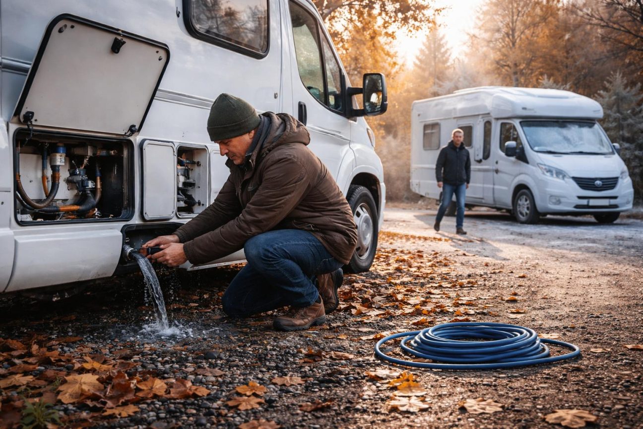 Camping-car enneigé un dimanche matin d'hiver, avec pare-brise givrés et toit blanc de neige, illustrant les premières gelées de novembre.