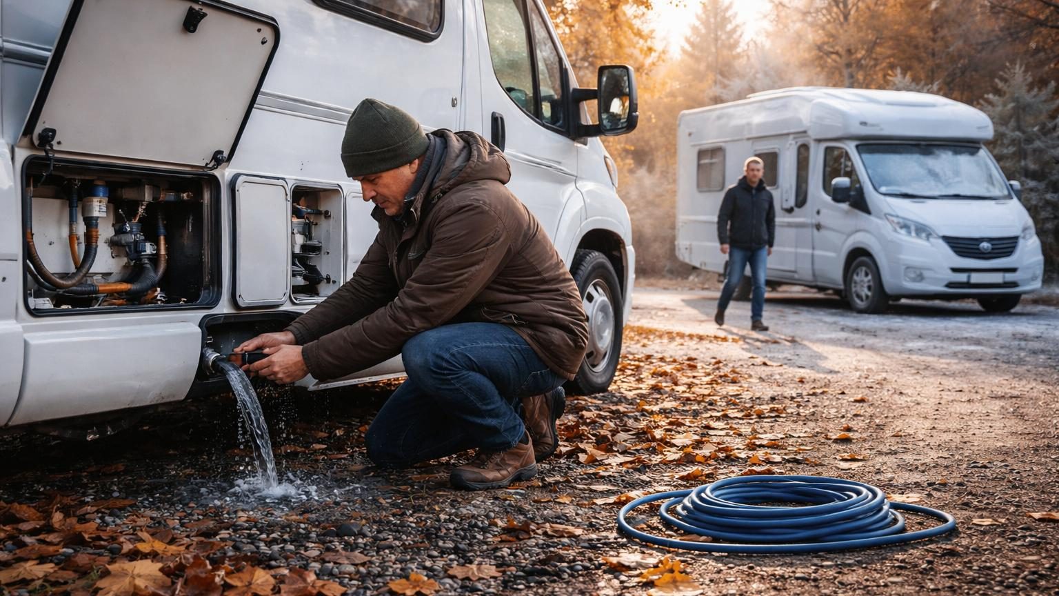 Camping-car enneigé un dimanche matin d'hiver, avec pare-brise givrés et toit blanc de neige, illustrant les premières gelées de novembre.