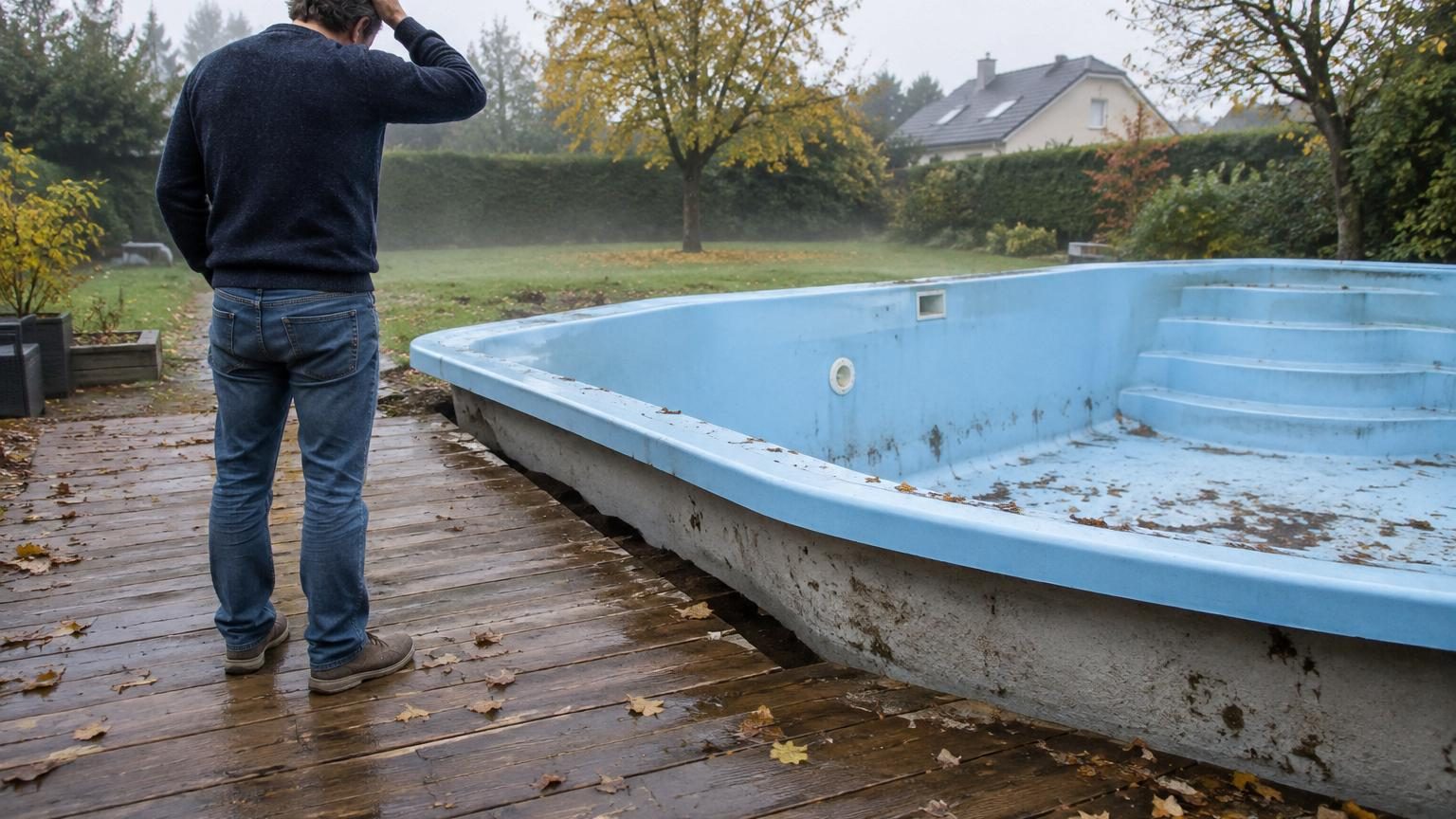 Piscine enterrée à coque bleue soulevée et décalée de plusieurs centimètres par rapport à sa terrasse en bois après une vidange hivernale.