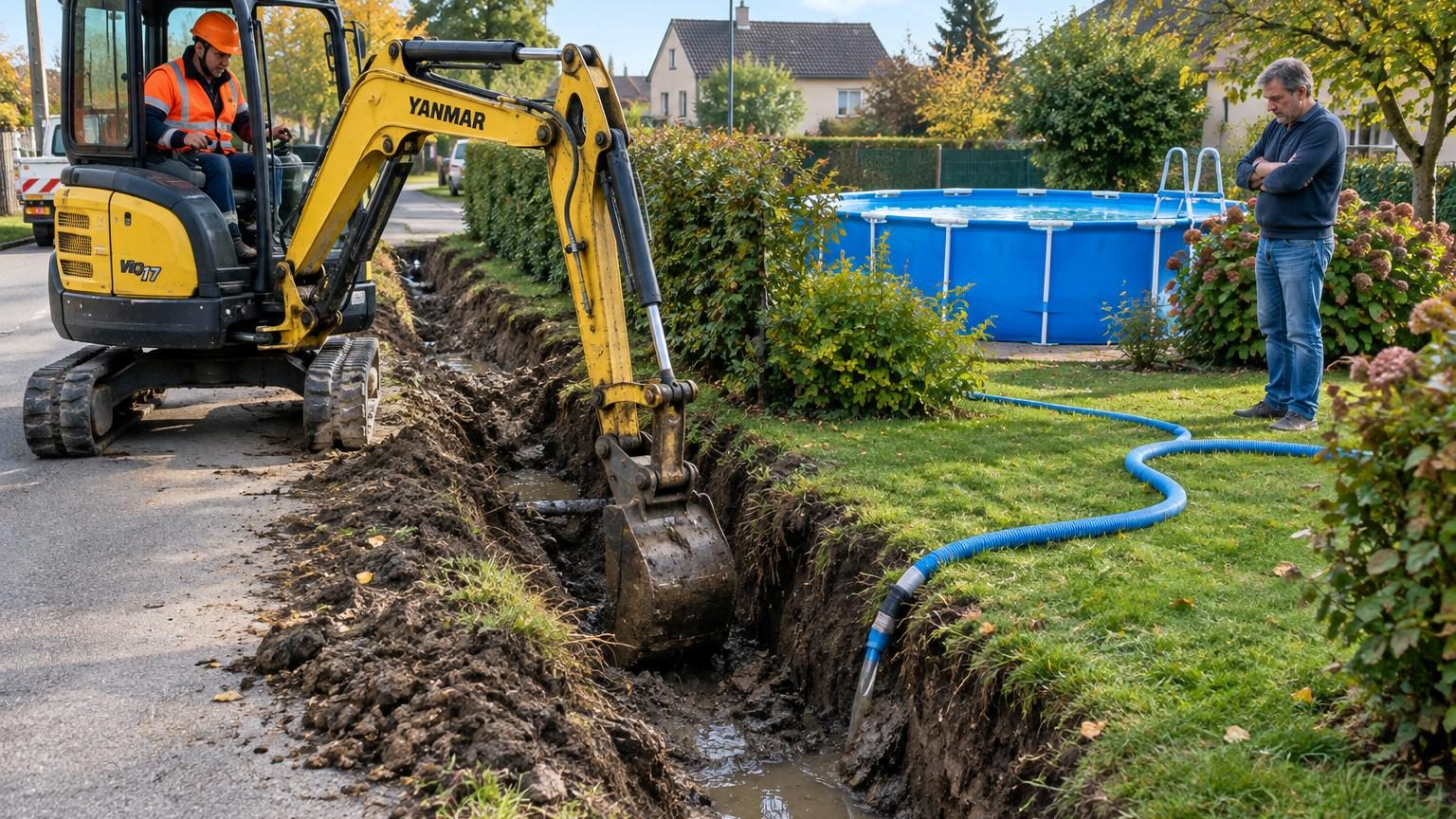 Tranchée béante creusée au bord d'un chemin communal avec un engin de chantier jaune, affaissement du bitume, herbe jaunie et terrain gorgé d'eau.