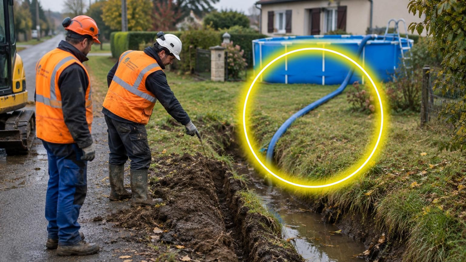 Un homme en jean bleu debout près d'une piscine vide versant l'eau de vidange directement dans un fossé herbeux longeant son jardin, tandis qu'un engin de chantier jaune surgit en arrière-plan dans la route
