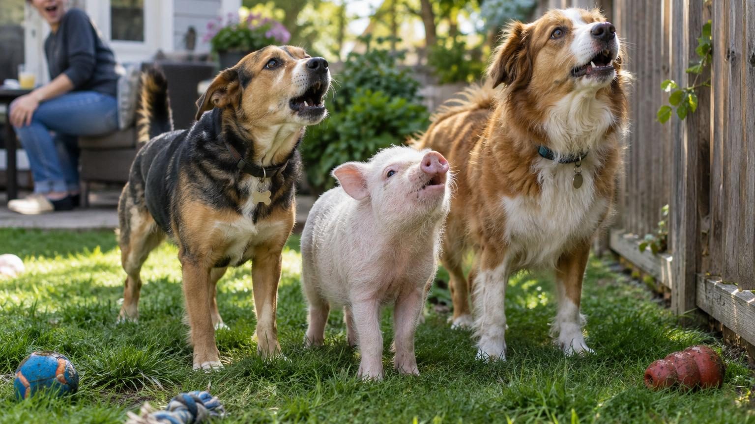 Un cochon nain gris allongé sur les genoux d'une femme souriante, avec deux chiens de petite taille reposant à proximité dans un salon confortable.