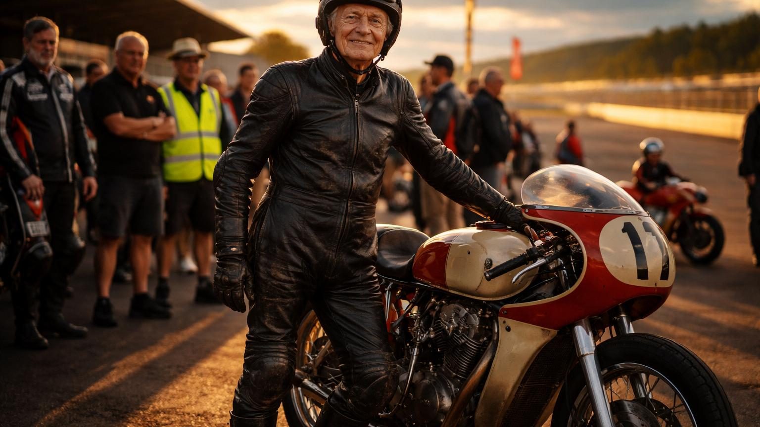 Leslie Harris, pilote de 100 ans en combinaison moto et casque, préparant sa machine au stand numéro 14 du Taupō International Motorsport Park, entouré de l'admiration des autres participants.