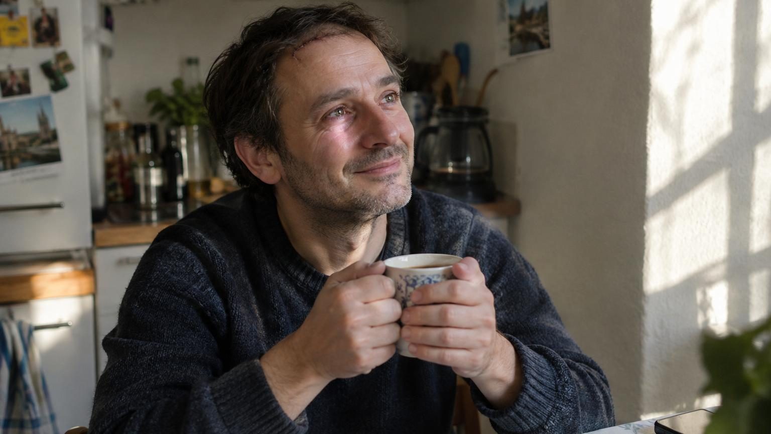 Portrait d'un homme d'âge moyen souriant regardant la lumière naturelle à travers une fenêtre, symbolisant le retour à la joie après un long combat contre la dépression.