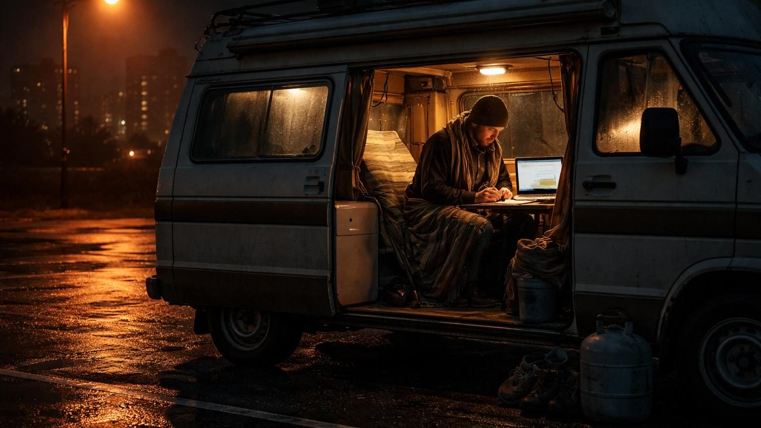 Intérieur d'un camping-car minimaliste avec lit étroit, placards fermés et petite fenêtre laissant entrer une lumière tamisée orangée par un lampadaire extérieur.