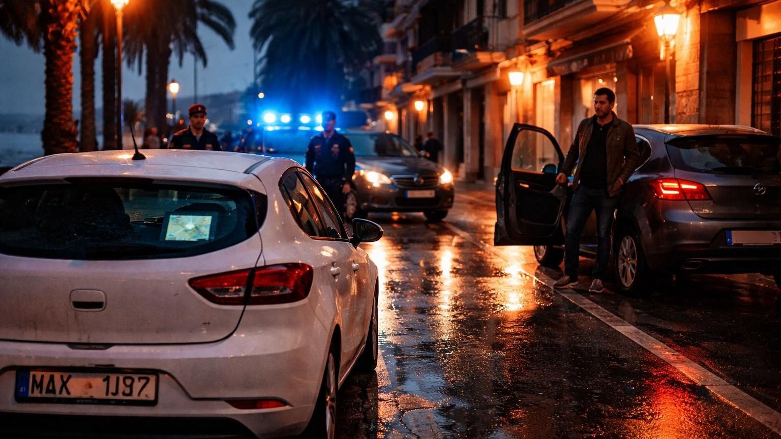 Voiture volée de couleur indéterminée avec plaques d'immatriculation interchangées, photographiée lors de l'interpellation à Palamós en Catalogne.